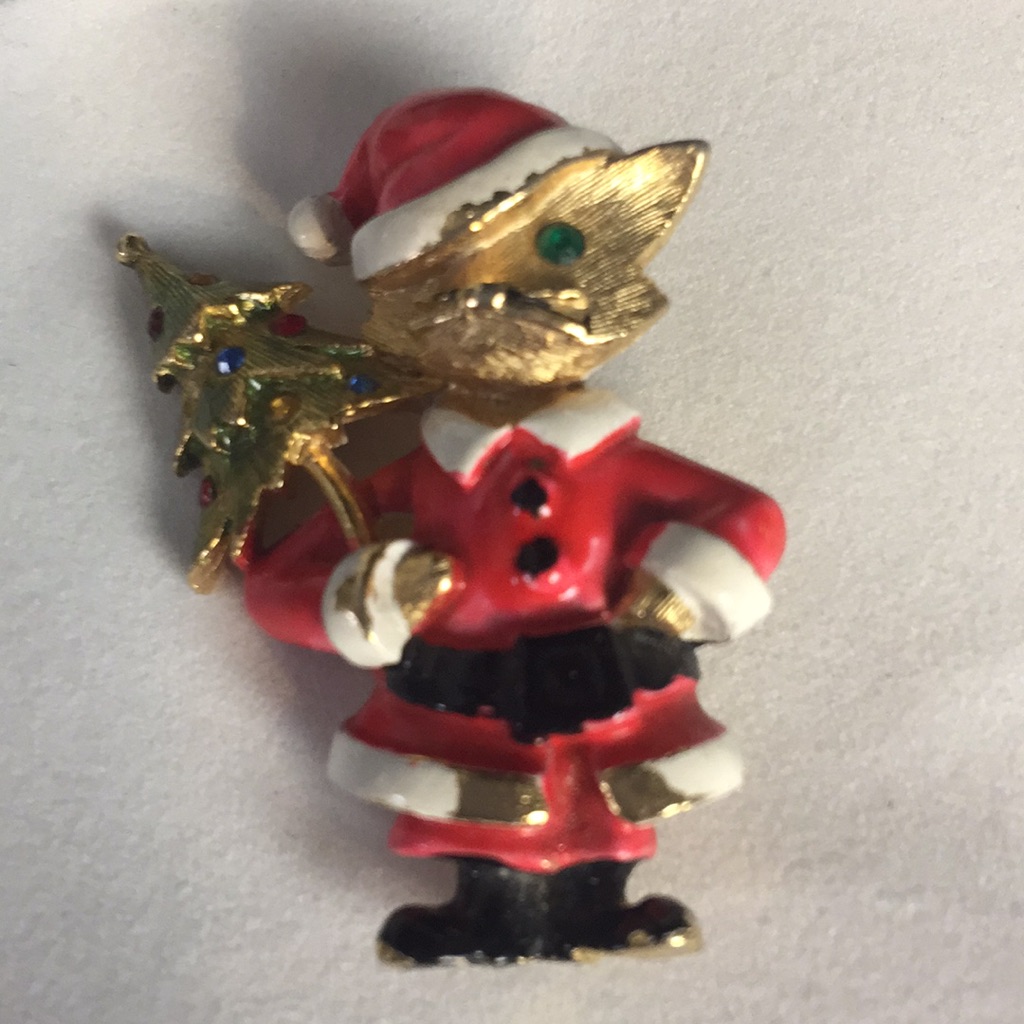 Cat Pin Brooch Christmas Kitty With Tree Vintage